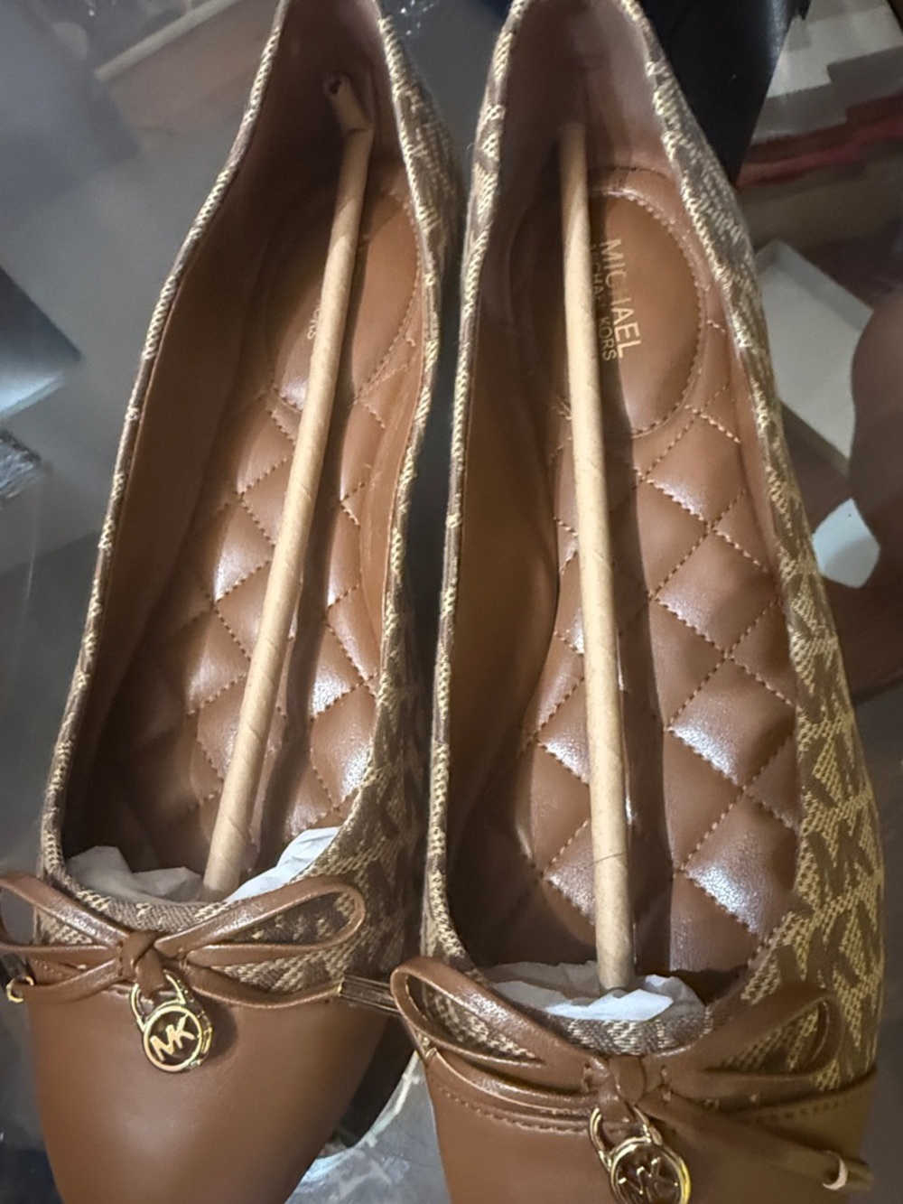 Michael Kors Brown Logo Quilted Ballet Flats with Bow and MK Charm - Picture 3 of 3